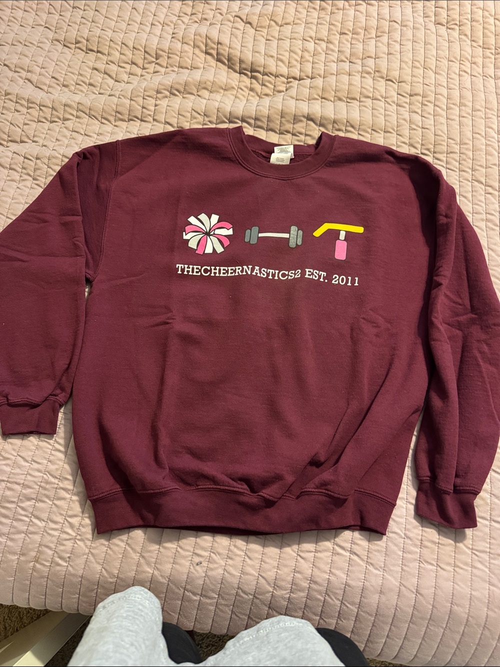 Gildan Maroon Crewneck Sweatshirt with Cheer Icons thecheernastics2